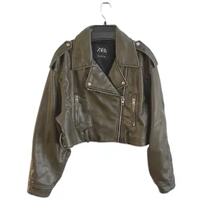 Zara Moto Jacket Women Small Olive Green Edgy Cropped Faux Leather Biker Coat thumbnail 4