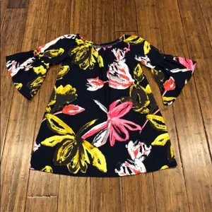 Navy Floral Off Shoulder Bell Sleeve Tunic Shift Mini Dress Size M thumbnail 8