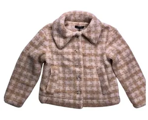 Blu Pepper Tan Plaid‎ Faux Fur Sherpa Button Up Cropped Jacket Womens Medium thumbnail 1