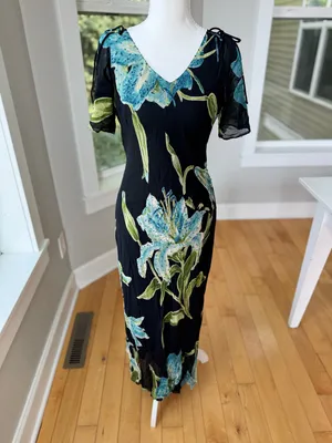 Vintage 90’s Dressbarn Black Blue Floral Beaded V Neck Bias Cut Slip Dress Sz M thumbnail 2