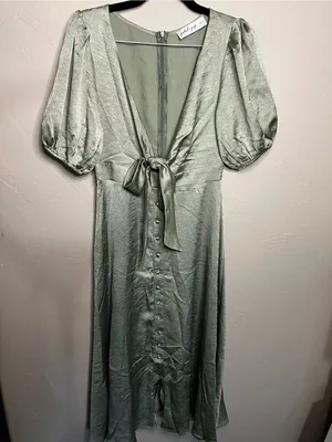 Petal & Pup Piper Sage Green Shiny Tie Front Button Front Midi Dress thumbnail 2