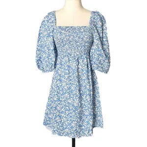 Tuckernuck Blue White Floral Smocked Puff Sleeve Linen Blend Mini Dress Small thumbnail 2