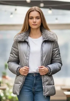 Womens Silver‎ Puffer Jacket Coat Faux Fur Trim Hooded Winter Cabincore Large thumbnail 1