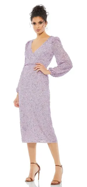 Mac Duggal Sequin Long Puff Sleeve Cocktail Midi in‎ Lavender- NWT thumbnail 1
