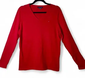 Y2K Tommy Hilfiger Red V-Neck Sweater Women's L 100% Cotton Tiny Logo Preppy thumbnail 1