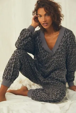 Free People Just Because Leopard Jumpsuit Womens Medium Gray Long Sleeve Lounge thumbnail 1