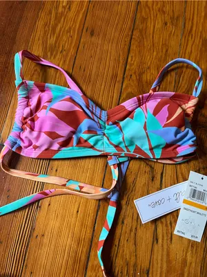 Salt + Cove Multicolor Tropical Leaf Bikini in Pink, Teal & Orange thumbnail 6