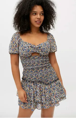 Kiss the Sky Urban Outfitters Smocked Puff Short Sleeve Floral Mini Dress XS thumbnail 1