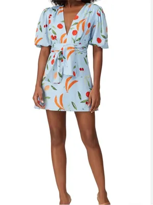 Finders Keepers Calypso Light Blue Fruit Print Puff Sleeve Mini Dress XS thumbnail 5