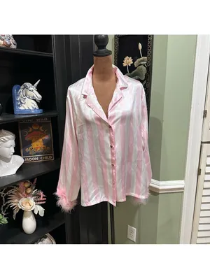 Linea Donatella Pink Stripe Feather‑Trim Pajama Set – Size Large thumbnail 2
