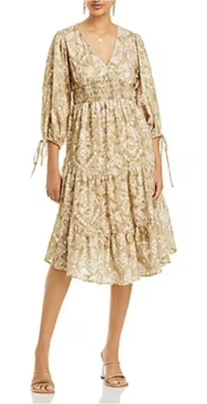 Cupio Midi Dress Women L Tan Gold Geometric Smocked Tiered Boho thumbnail 1