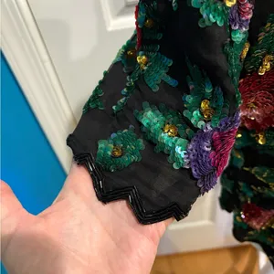Vintage Laurence Kazar 80s floral beaded sequined silk top black sz XL L thumbnail 2