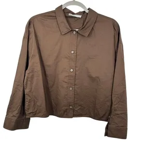 Everlane Brown Cotton Poplin Cropped Button‎ Up Shirt Contemporary Minimalist thumbnail 1