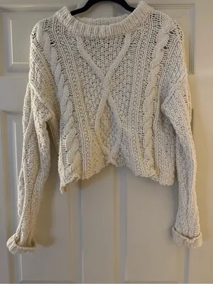 Free People Ivory Cable Knit Cropped Crew Sweater thumbnail 5