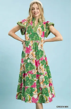 Umgee Mix Bold Floral Tiered Midi Dress -‎ Small thumbnail 1