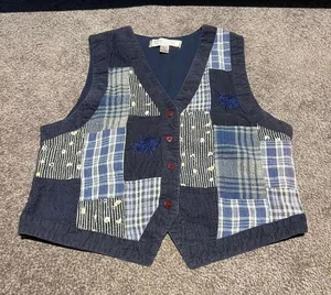 Karen Scott Blue Patchwork‎ Vest Grandma Art Teacher Embroidery thumbnail 1