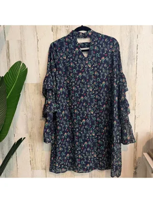 Le Lis Navy Floral Chiffon Ruffle Sleeve Keyhole Mini Dress Large thumbnail 3