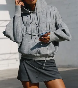 NEW FREE PEOPLE | We The Free‎ Pick it Up Pleated Pullover Gray Hoodie Sz L thumbnail 1