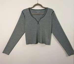 American Eagle 1977 Women’s XL Green White Striped Long Sleeve Crop Top Stretch thumbnail 1