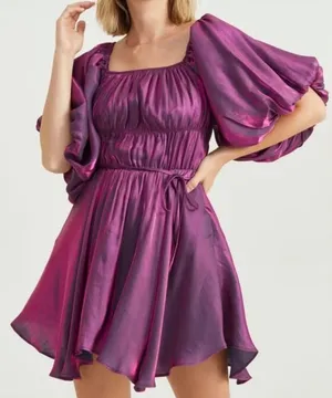 Altar'd State Womens Holographic Purple Amabella Puff Sleeve‎ Mini Dress Size S thumbnail 1