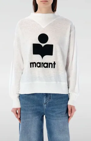 Isabel Marant White 100% Linen Graphic Logo Long Sleeve Knit Shirt Size Medium thumbnail 1