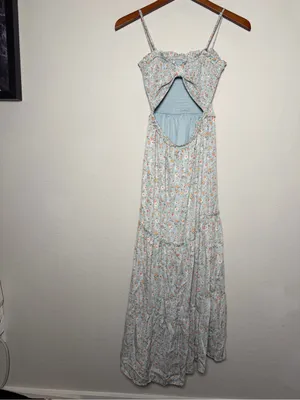 Altar’d State Blue Floral Smocked Open Back Tiered Maxi Dress XS Romantic thumbnail 4
