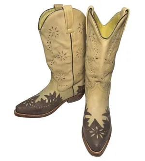 Loblan Women’s Size 7 Tan Brown Pointed Toe Leather Decorative Cowboy Boots thumbnail 2