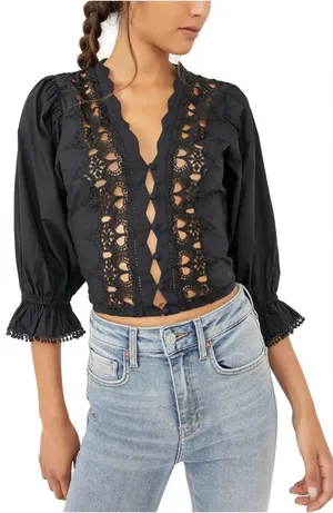Free people louella embroidered lace blouse top sz small black‎ whimsigoth thumbnail 1