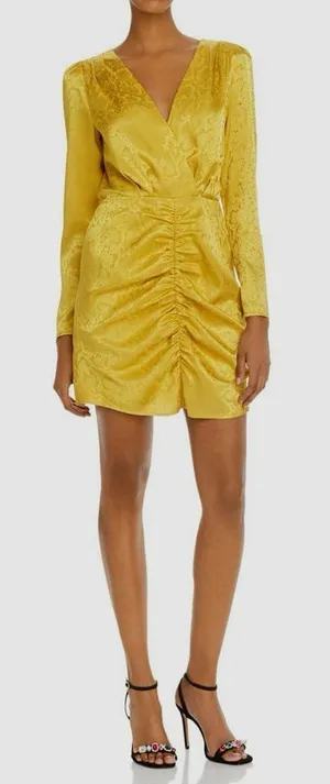 WAYF Yellow Gold Snake Print Long Sleeve Mini Dress Ruched Low Cut Large New‎ thumbnail 1