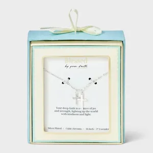Blessed by your faith Silver Plated Cubic Zirconia Double Cross Necklace 16-19in thumbnail 4