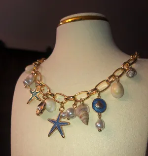 Handmade Boho vacation beach Coral Reef style necklace starfish pearls charms thumbnail 1
