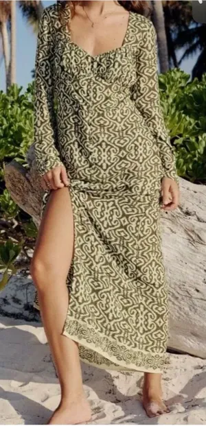 NWT‎ ZARA Printed Modal Midi Dress Green/Cream Small Boho Tribal Resortwear thumbnail 1