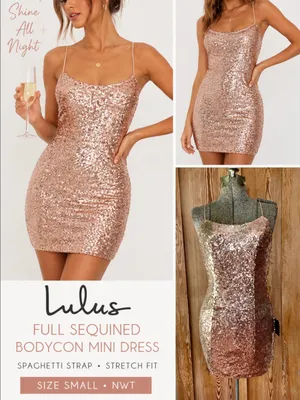 NWT Lulus Gold Sequin Bodycon Mini Dress Spaghetti Strap Party Night Out~S 💚🍄 thumbnail 2
