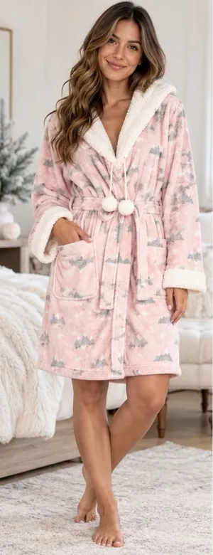 Bear Paw Pink Plush Hooded Sherpa Trim Robe, Women's M Two Pockets Belted NWT thumbnail 1