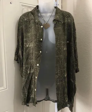 Green khaki vintage Hawaiian streetwear boho button up short sleeve thumbnail 1