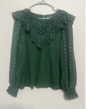 Loft Blouse Womens L Large Green Silver Shimmer Dotted Ruffle Yoke Mixed Media thumbnail 1