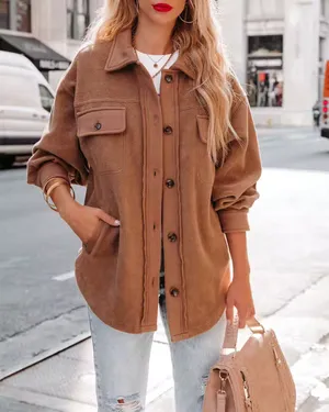 VICI NEW -TANAN POCKETED BUTTON DOWN FLEECE SHACKET - LATTE thumbnail 7