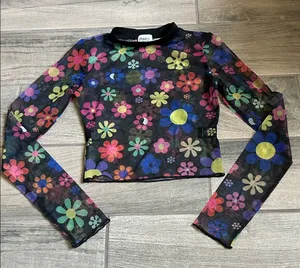 Princess Polly Black Floral Mesh Top thumbnail 1