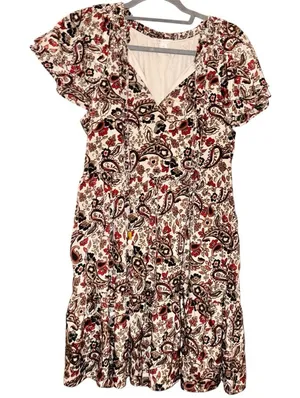 Cato Paisley Floral Tassel pocket v neck dress metallic cream red size‎ medium thumbnail 1