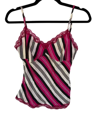 Y2K Hot Pink Silk Striped Lace Tank Top Cami 2000s Babydoll Indie Sleeze Medium thumbnail 1