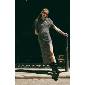 Free People Brielle Midi Dress Mesh Ruched Floral Side Slit Black Combo XS NWT thumbnail 3