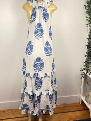 Fancy Loose Tiered Ruffle Maxi Dress Sz L Cotton Cottagecore Prairie Floral thumbnail 6
