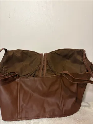 Windsor Dark Brown Faux Leather Crop Corset Tank Front Clasp Closure Size L thumbnail 5
