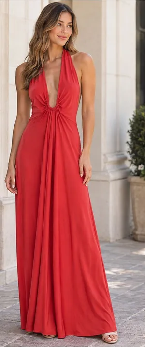 NIALI Red Plunging Halter Maxi Gown Dress Size 4 MSRP $518 thumbnail 1