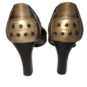 Vintage Tods Bronze Green Metallic Leather Block Heel Loafers 37.5 Y2K 90s thumbnail 4