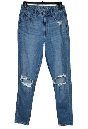 American Eagle SZ 4 LONG Mom Jeans Hi-Rise Distressed Rip Zip-Fly Whiskered Blue thumbnail 1