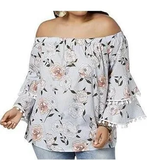 No Comment Striped Peony Off Shoulder Pom Pom Bell Sleeve Blouse Plus Size 1X thumbnail 1