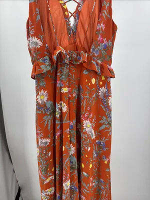 Women's Maxi floral Dress Burnt Orange open back M lace boho casual ruffle thumbnail 7