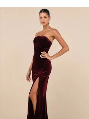 Lulu's Strapless Velvet Maxi Dress in Wine thumbnail 3