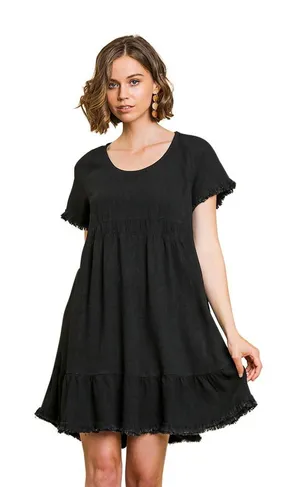 Umgee USA Black Linen Blend Fringed Babydoll Mini Dress Womens Large thumbnail 1